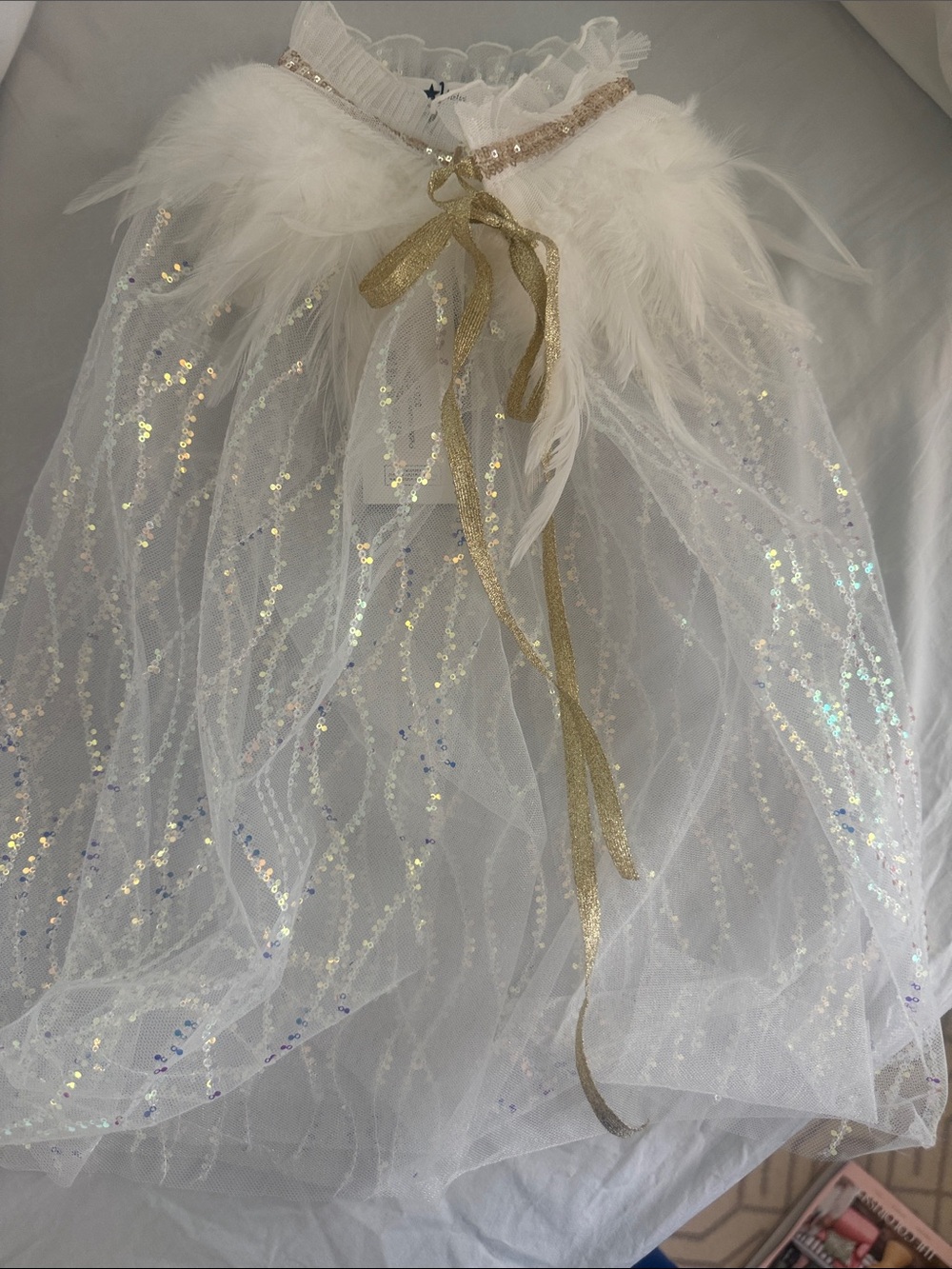 PETITE HAILEY girls White Sequin Tulle cape with gold tie- never worn